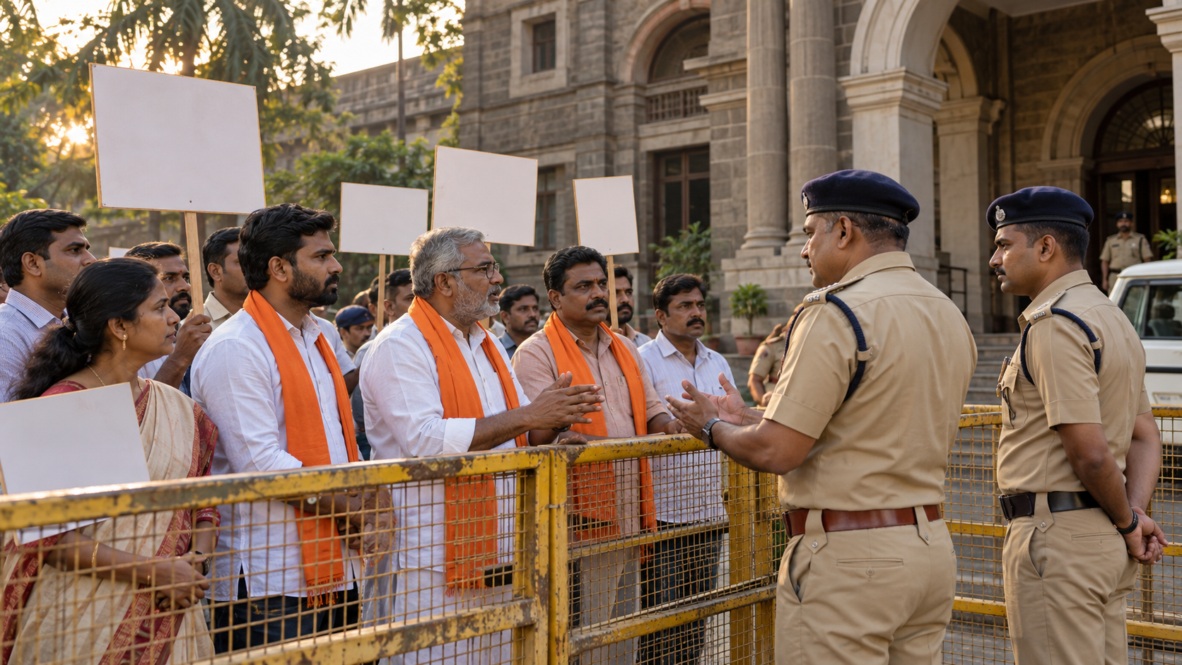 Hindu community activists and police officers facing one another calmly outside a civic building in Kolhapur.