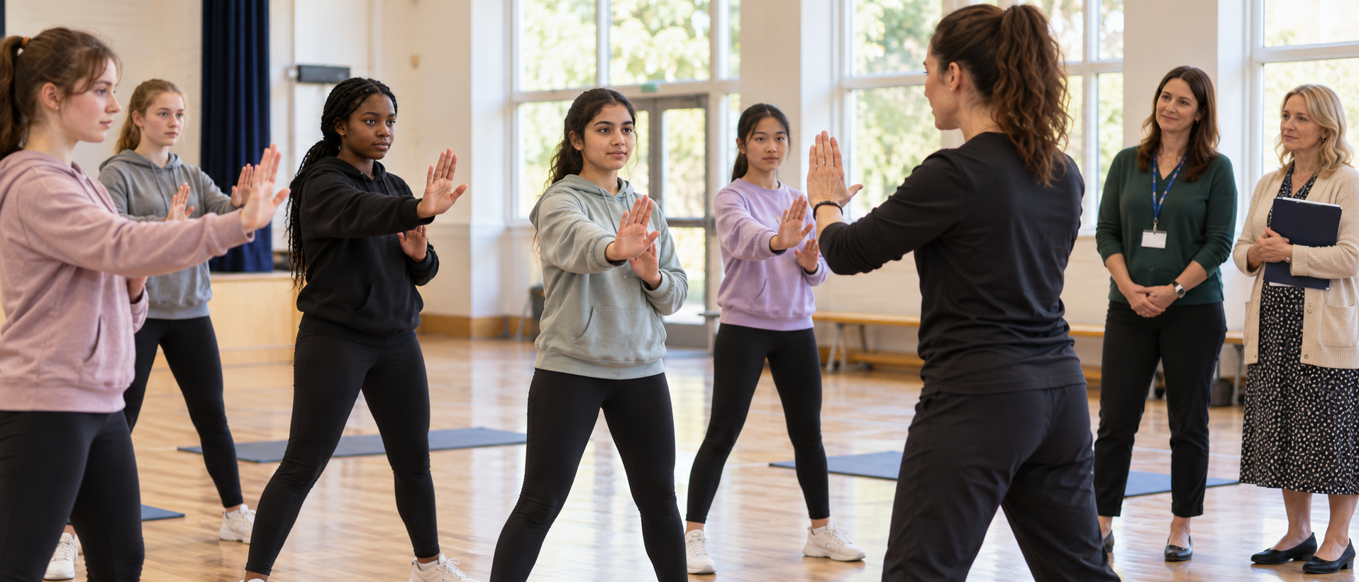 Teenage girls practise confident boundary gestures with a female instructor while two responsible adults observe in a bright community hall.
