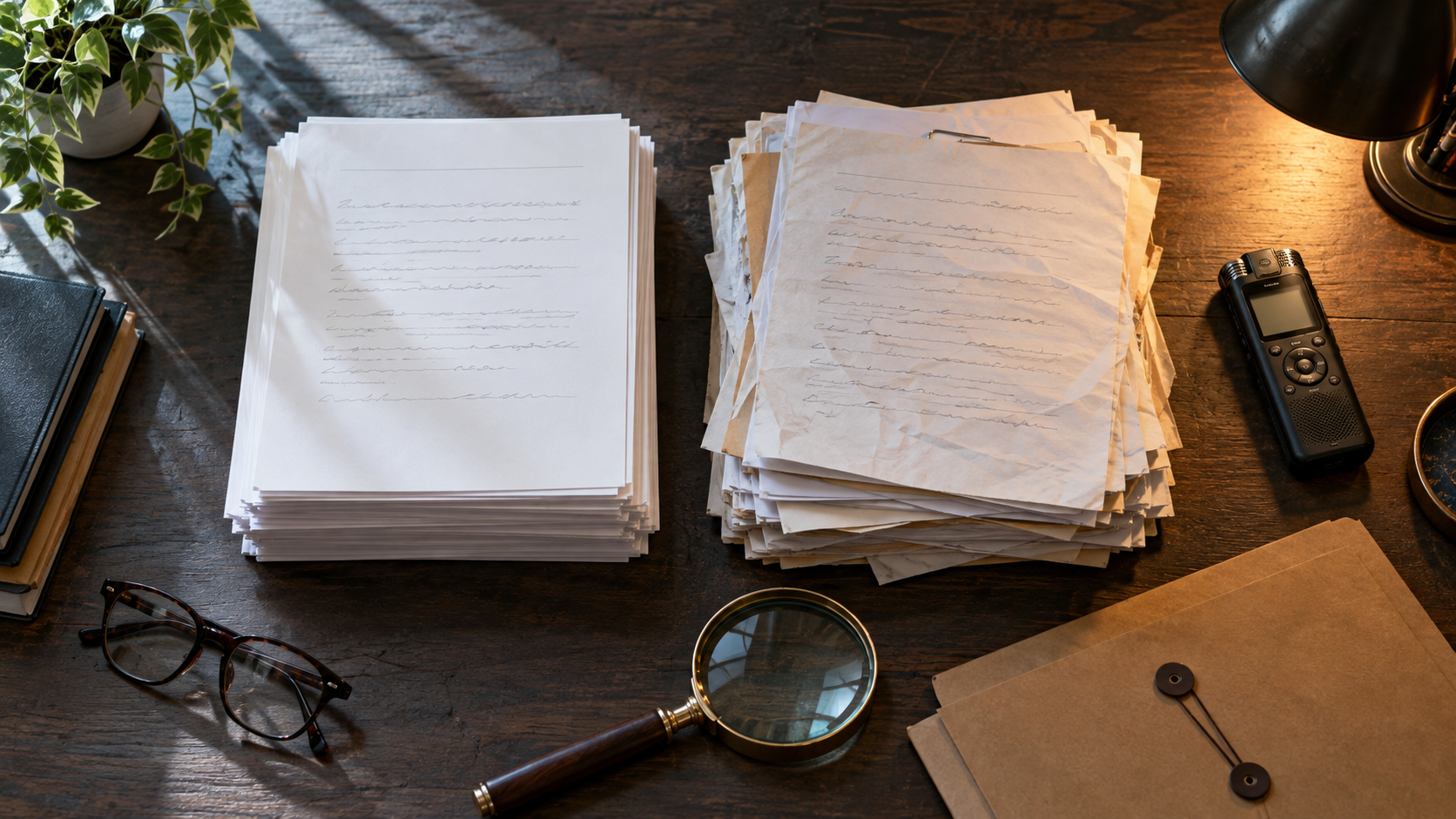 Two separate stacks of documents, a recorder and a magnifying glass arranged on an investigator's desk.