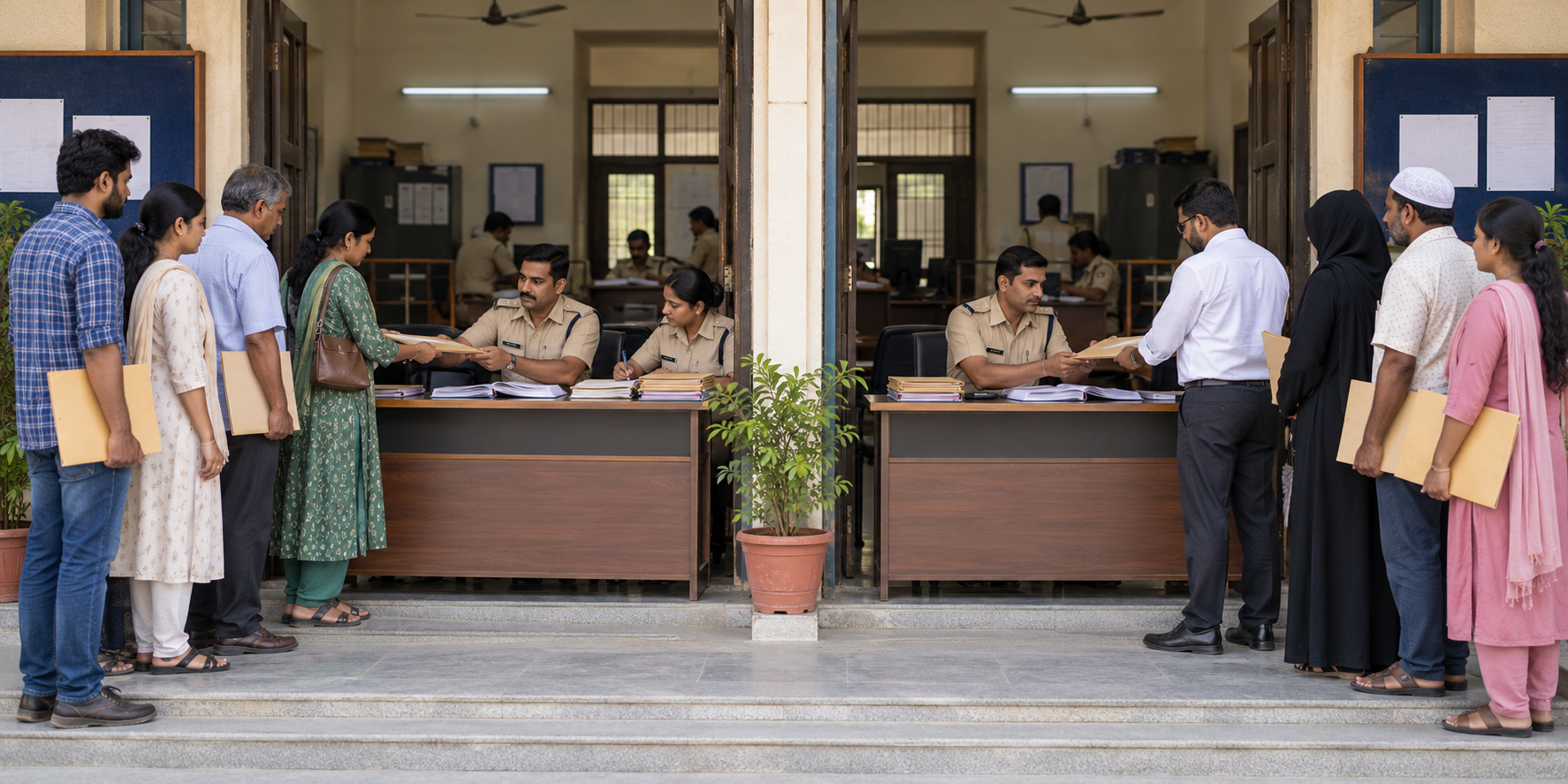 Two citizen groups submit complaint folders at matching police service desks under comparable conditions.