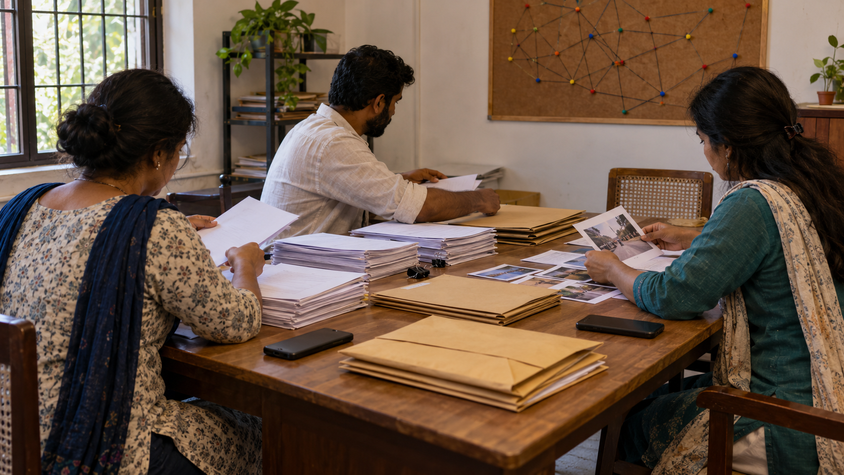 Community advocates organize complaint copies, case folders and evidence envelopes around a meeting-room table.