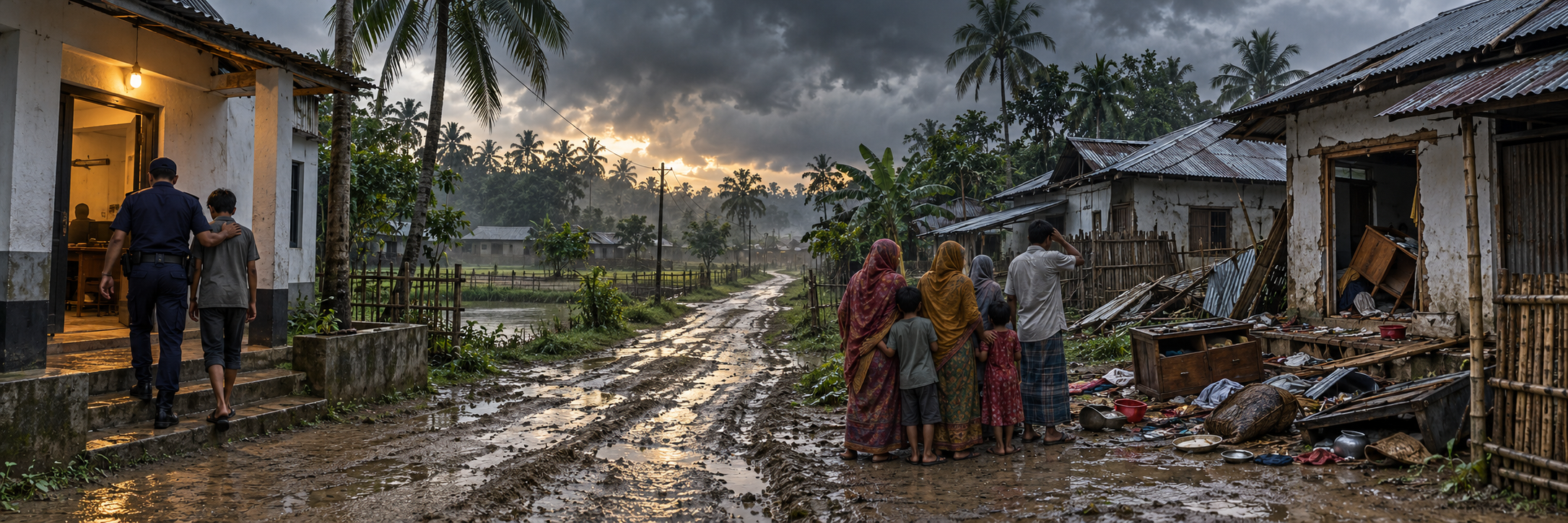 Panoramic illustration showing a teenager being taken into police custody, an empty village road, and families beside damaged rural homes afterward.