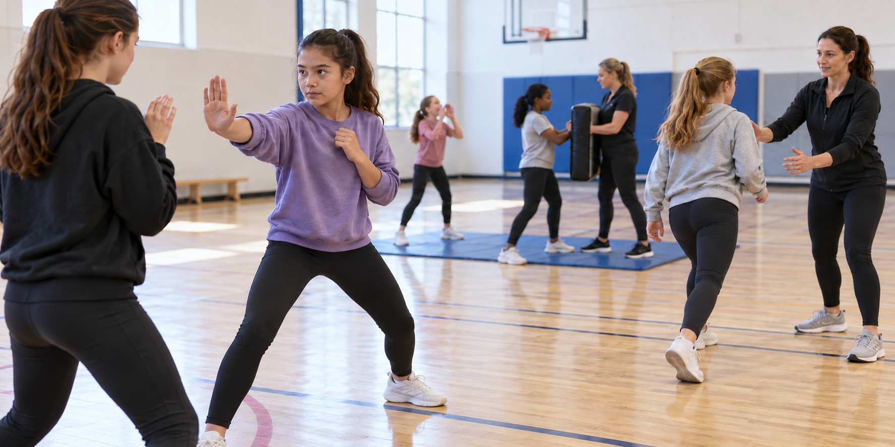 Teenage girls rehearse boundary gestures, stepping away, and seeking help during a supervised self-defence practice in a school gym.