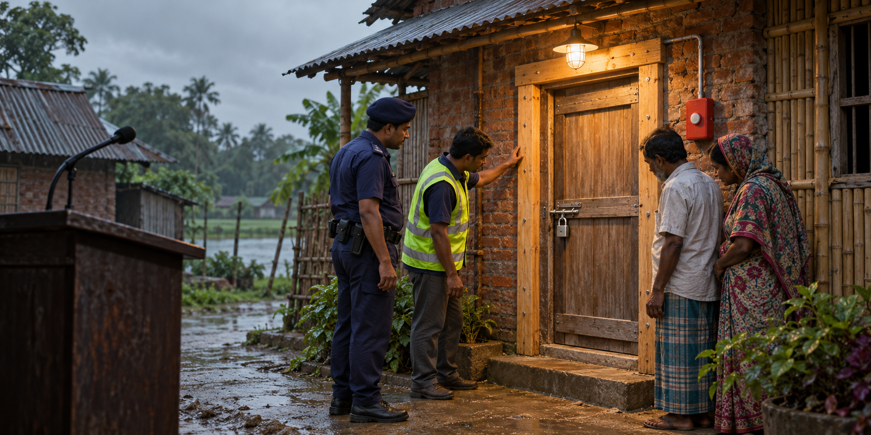 Illustration contrasting an unused microphone in shadow with residents and local protectors inspecting a newly secured village home.