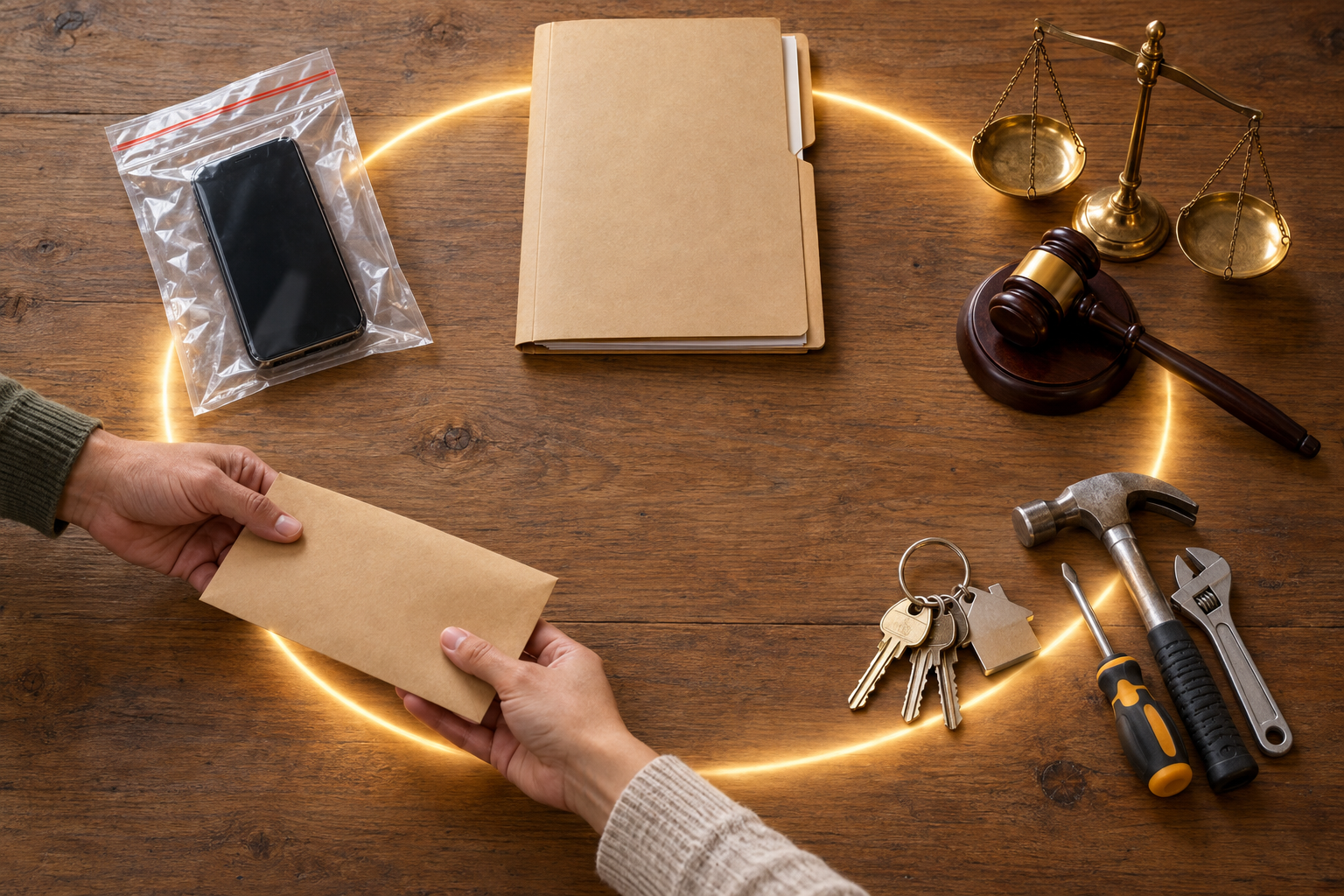 Overhead still life of five evidence and accountability groupings, including a phone, case folder, legal scales, house keys, tools, and an assistance envelope.