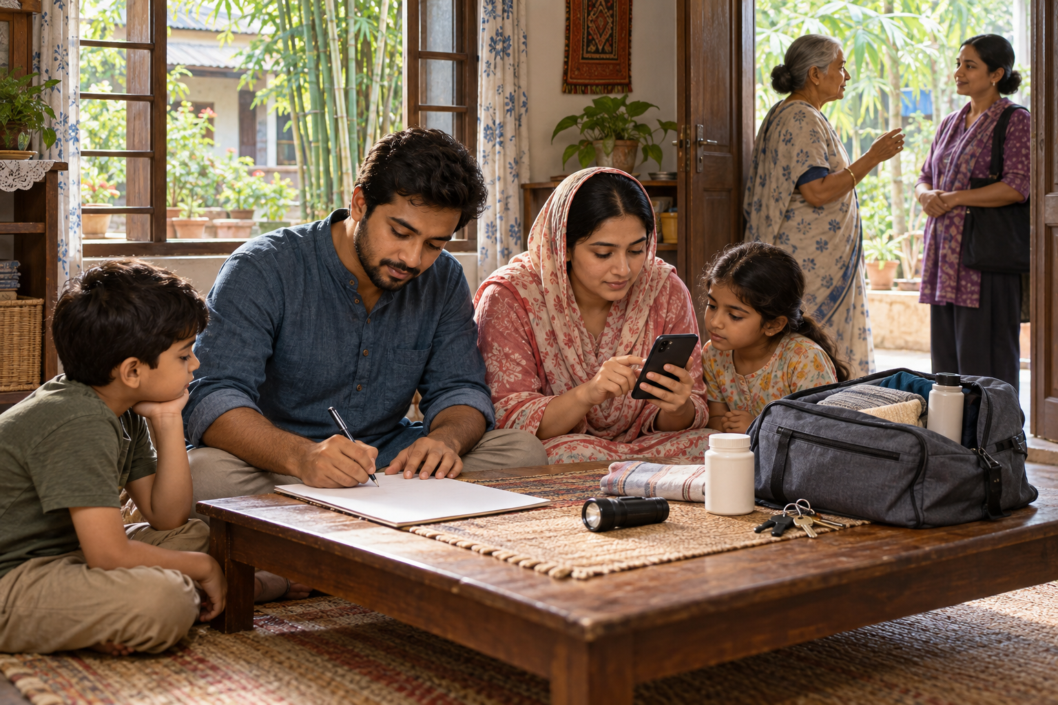 A multigenerational family calmly documents concerns, checks a phone, and speaks with a community supporter beside a small preparedness bag.