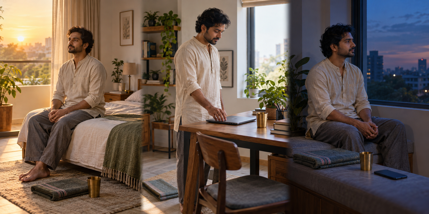 Three moments show the same person pausing at sunrise, before beginning work, and during an evening review.