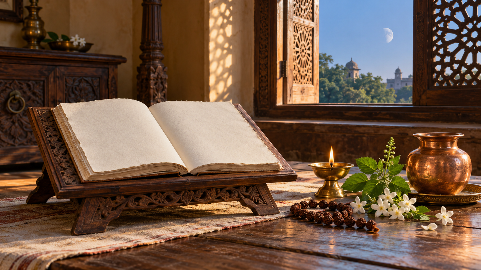 A blank almanac on a wooden stand beside a brass oil lamp, copper vessel, tulsi leaves, jasmine flowers, and rudraksha beads, with a waning moon visible through a window.