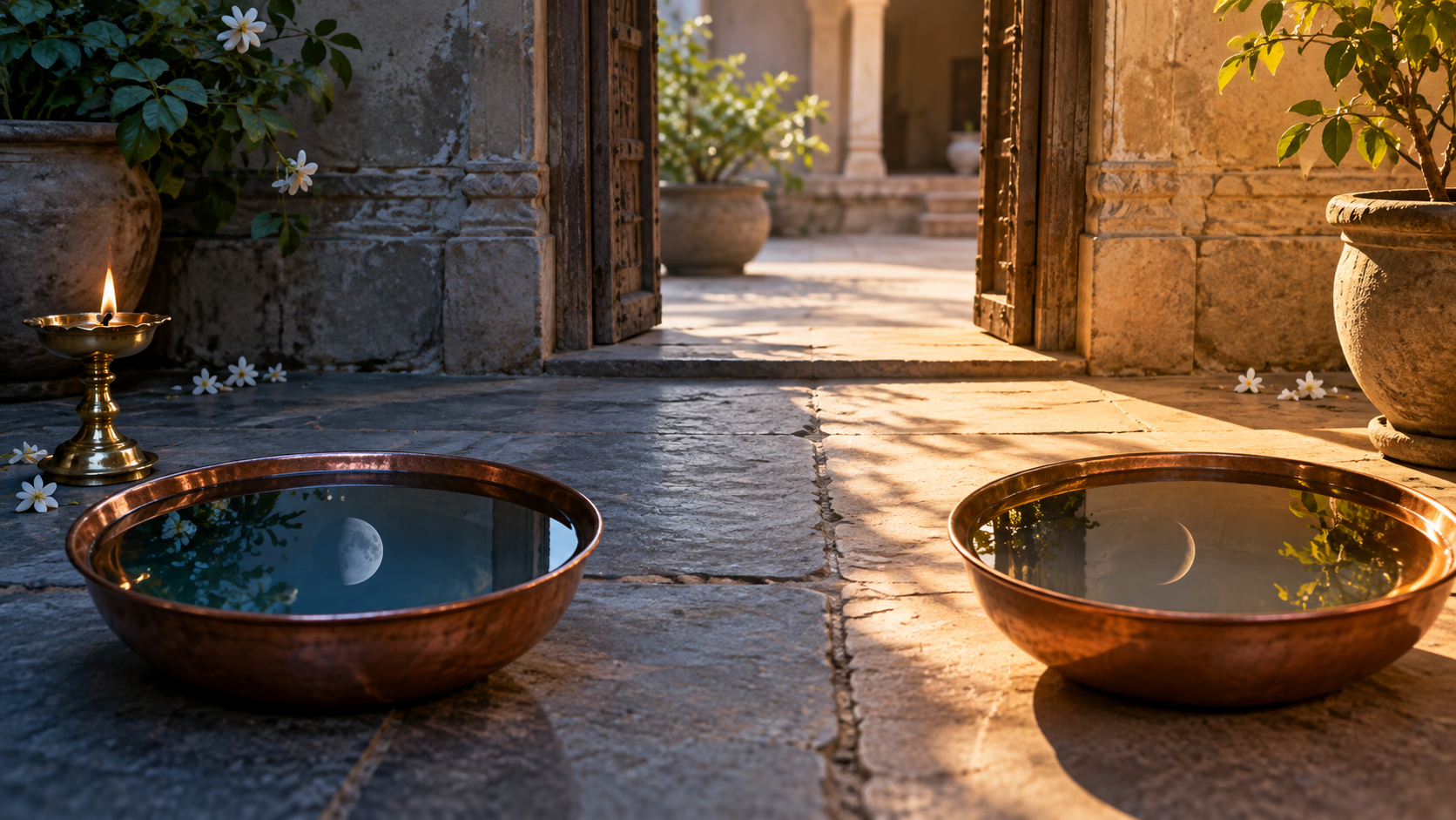 An Indian courtyard changing from cool morning shade to warm afternoon light, with a doorway threshold, a brass lamp, and subtly different waning-moon reflections in a copper bowl.