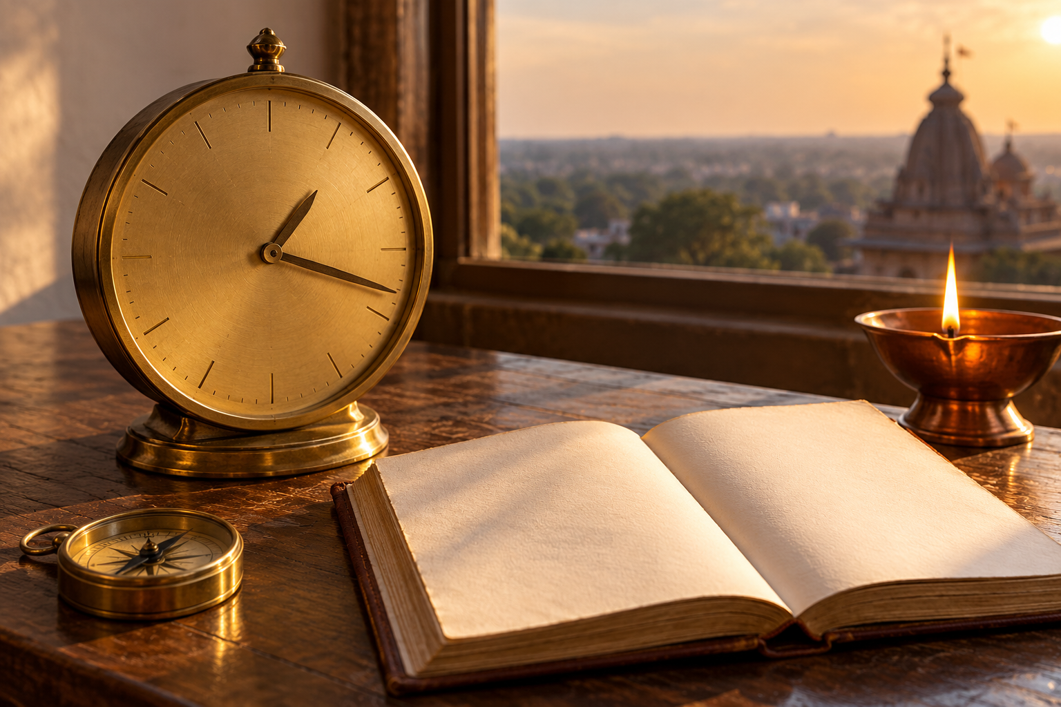 A numberless brass analog clock set to about 1:18 beside a blank open almanac, a compass, and a copper oil lamp in afternoon sunlight.