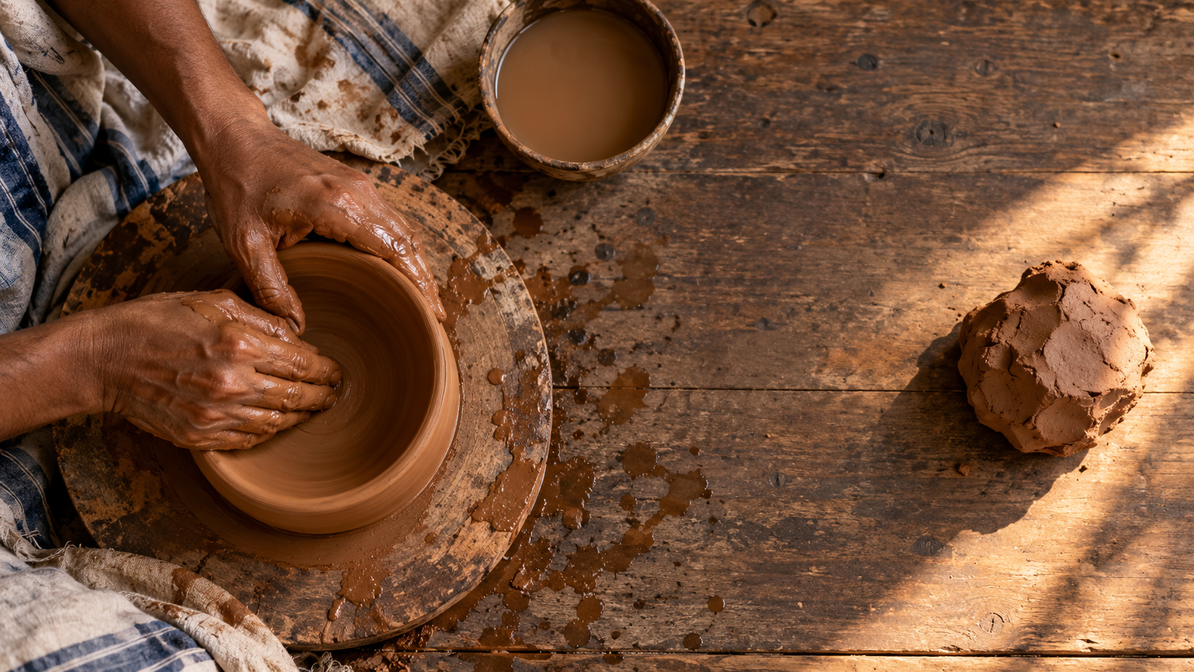 Two hands shape a clay vessel on a wooden surface while an untouched lump of clay rests nearby in sunlight.