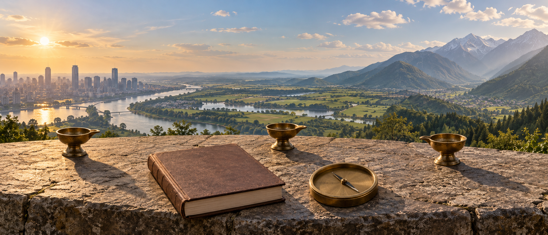 Three brass oil lamps overlook an urban skyline, a river plain, and a mountain valley under different angles of afternoon light, with a closed blank almanac and compass in the foreground.