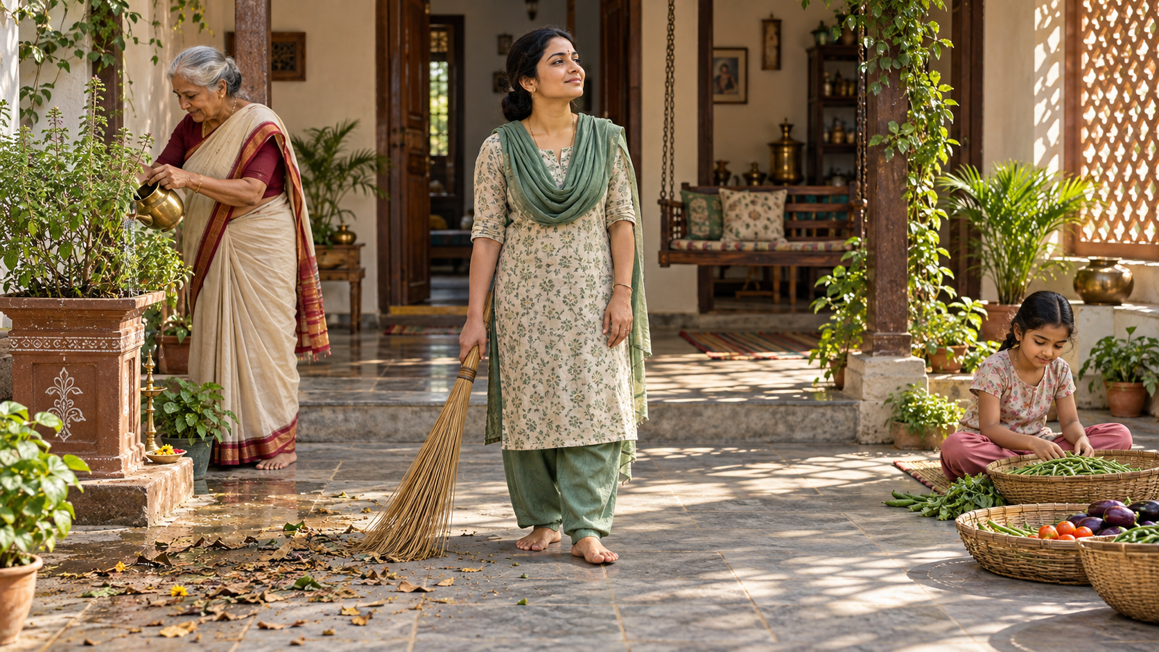 An adult pauses with a grass broom in a courtyard while an older person waters a plant and a child sorts vegetables nearby.