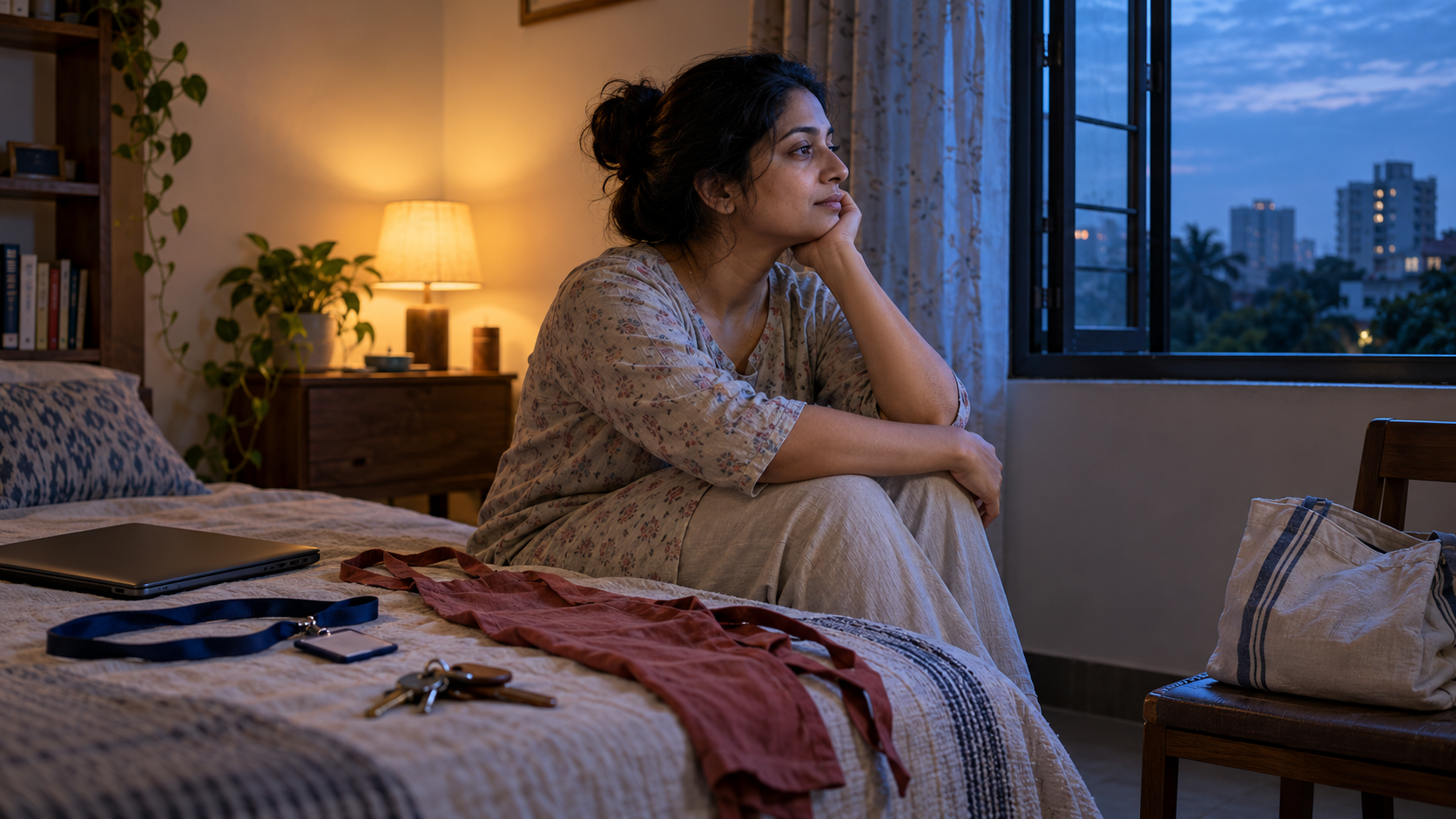 An adult in plain home clothes sits near an open window, surrounded at a distance by a closed laptop, apron, keys, and folded bag.