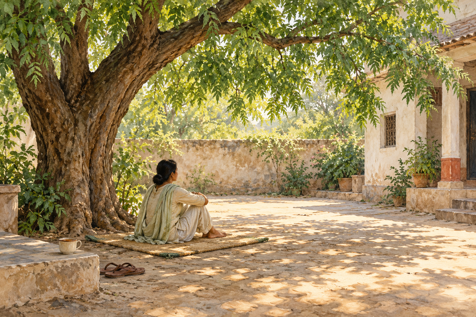 An adult sits quietly on a woven mat beneath a neem tree, with sandals and a cup of tea resting nearby.