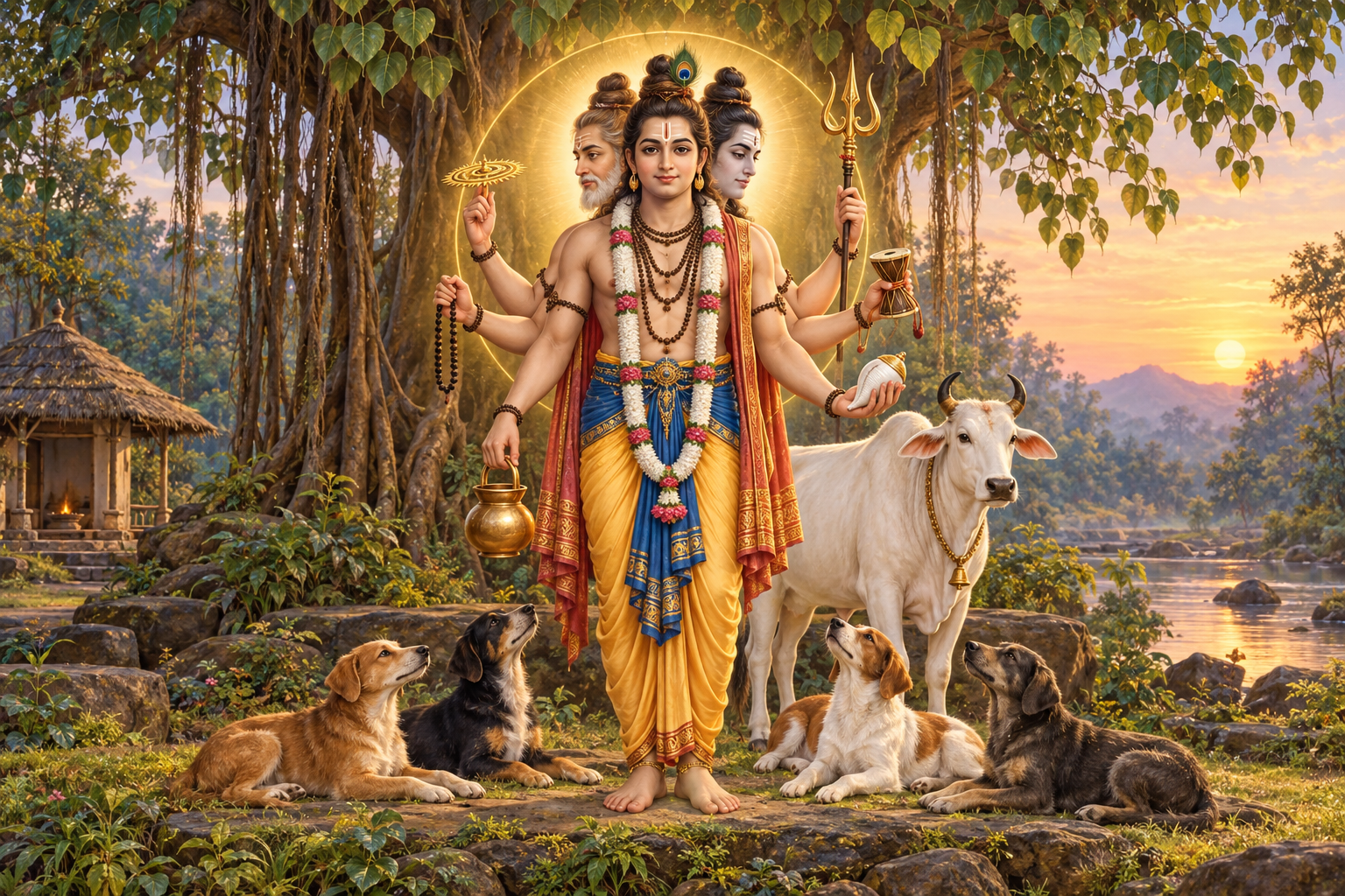Three-faced, six-armed Dattatreya stands beneath a sacred fig tree with a white cow and four dogs, holding a rosary, water pot, conch, discus, trident, and drum.