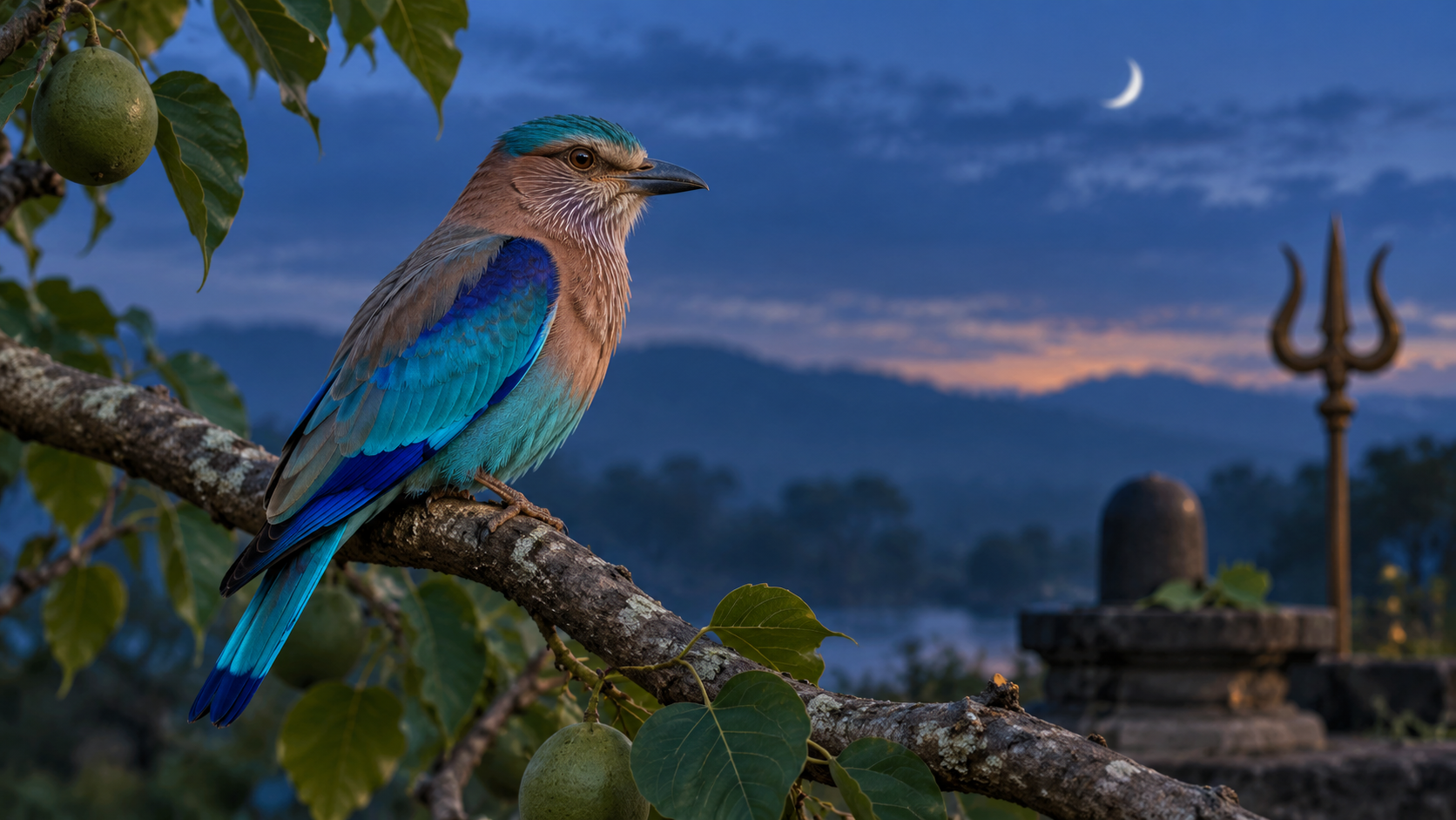 An Indian roller with blue plumage perches on a bel branch near a stone linga and a bronze trident at twilight.