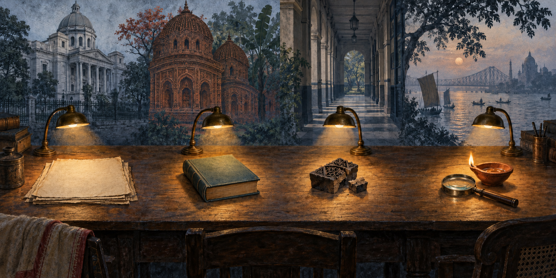An archive table with a closed book, magnifying glass, printing block and oil lamp, backed by silhouettes of a courthouse, terracotta temple, university corridor and river.