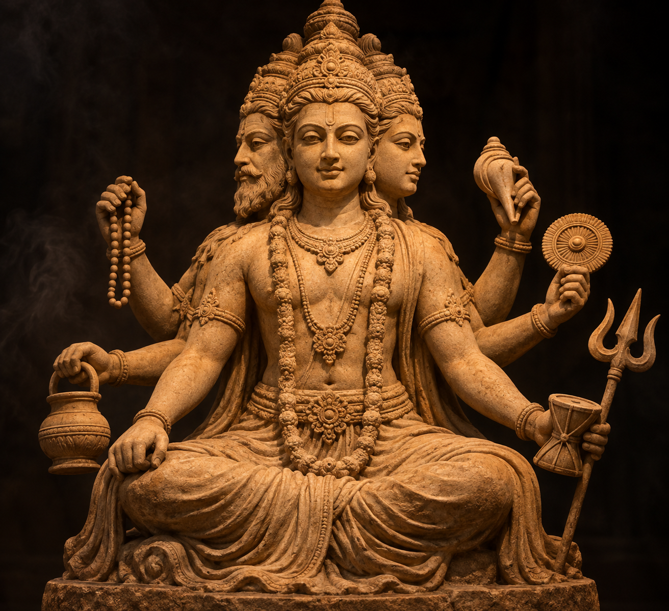 A single sandstone Dattatreya murti with three faces and six arms is illuminated by oil lamps inside a dark temple sanctum.
