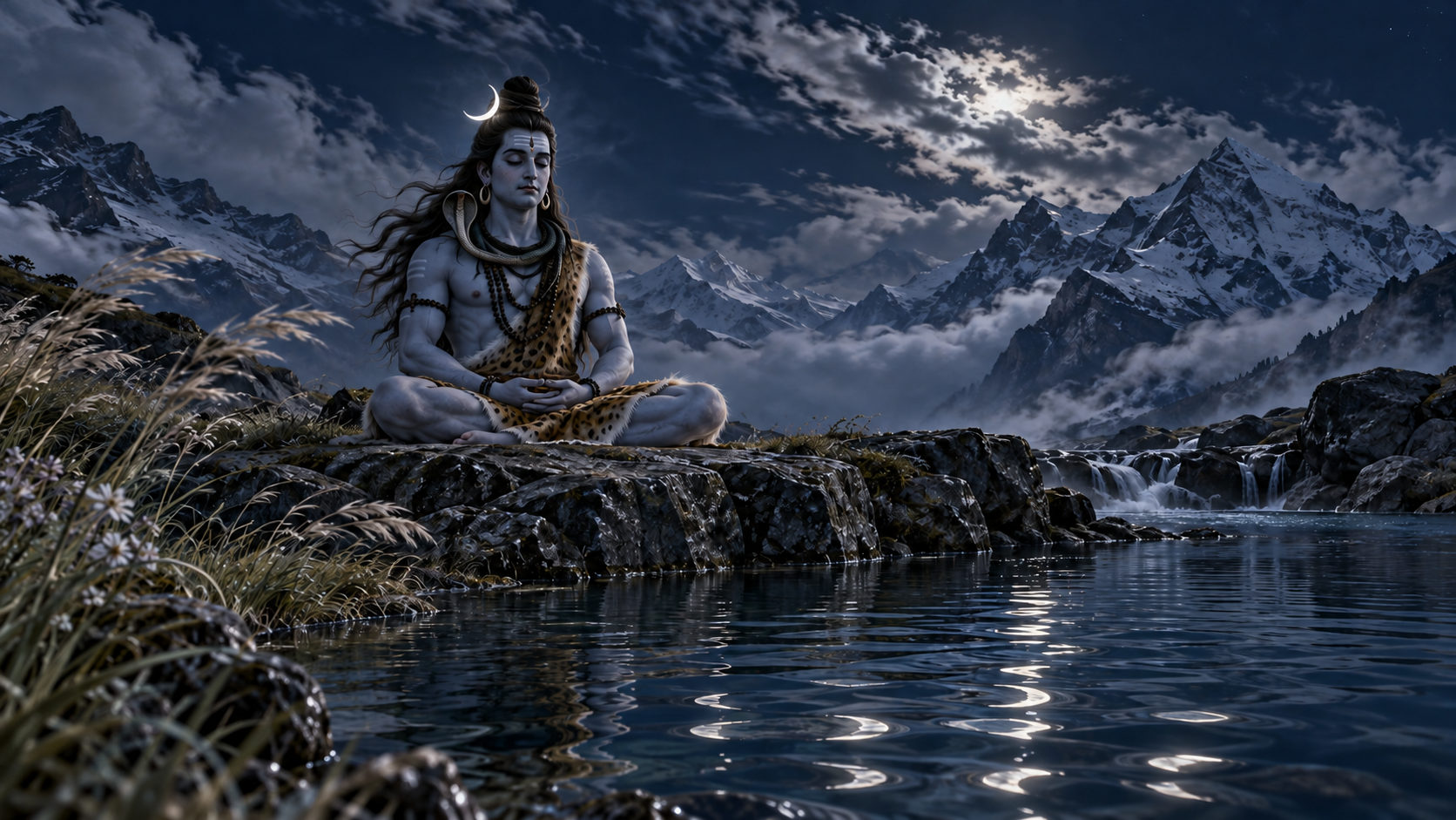 Shiva sits still beside a rippling mountain pool while the crescent in his hair remains clear above shifting moon reflections.