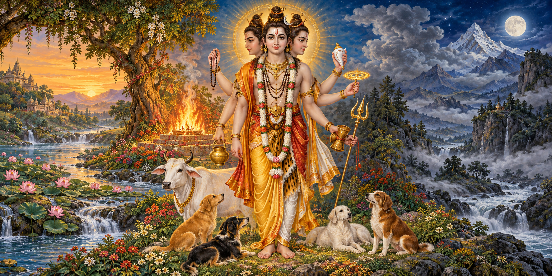 Dattatreya appears as one three-faced, six-armed figure where a flowering landscape, lotus river, and moonlit mountain merge around him.
