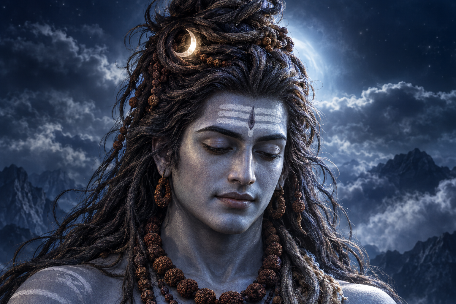 Close portrait of Shiva with lowered eyes and a glowing crescent moon held securely in his matted locks.