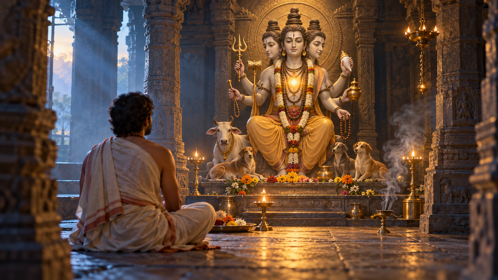 A seated devotee contemplates a three-faced, six-armed Dattatreya murti in a softly illuminated stone temple shrine.