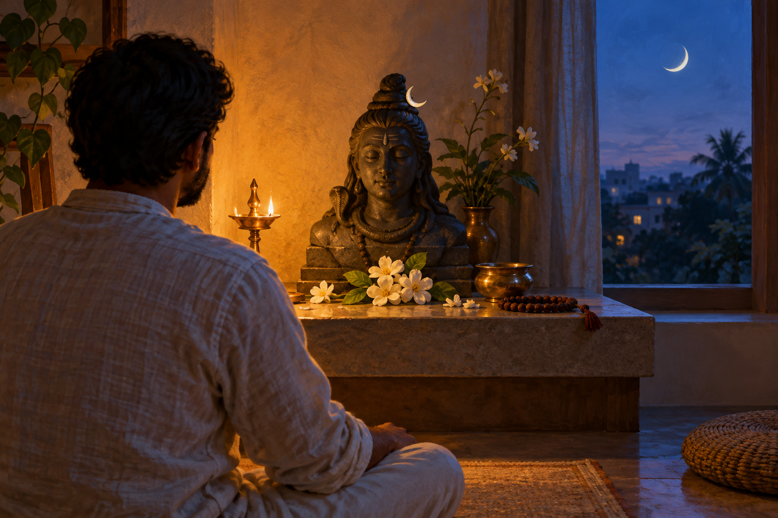A devotee sits before a lamp-lit Shiva altar while a thin crescent moon is visible through the nearby window.