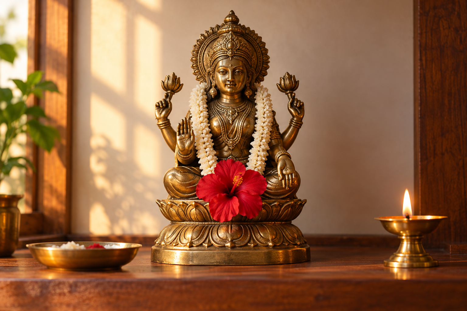 A bronze goddess icon adorned with a red flower and simple garland stands at the center of a small shrine with an oil lamp and offering bowl.