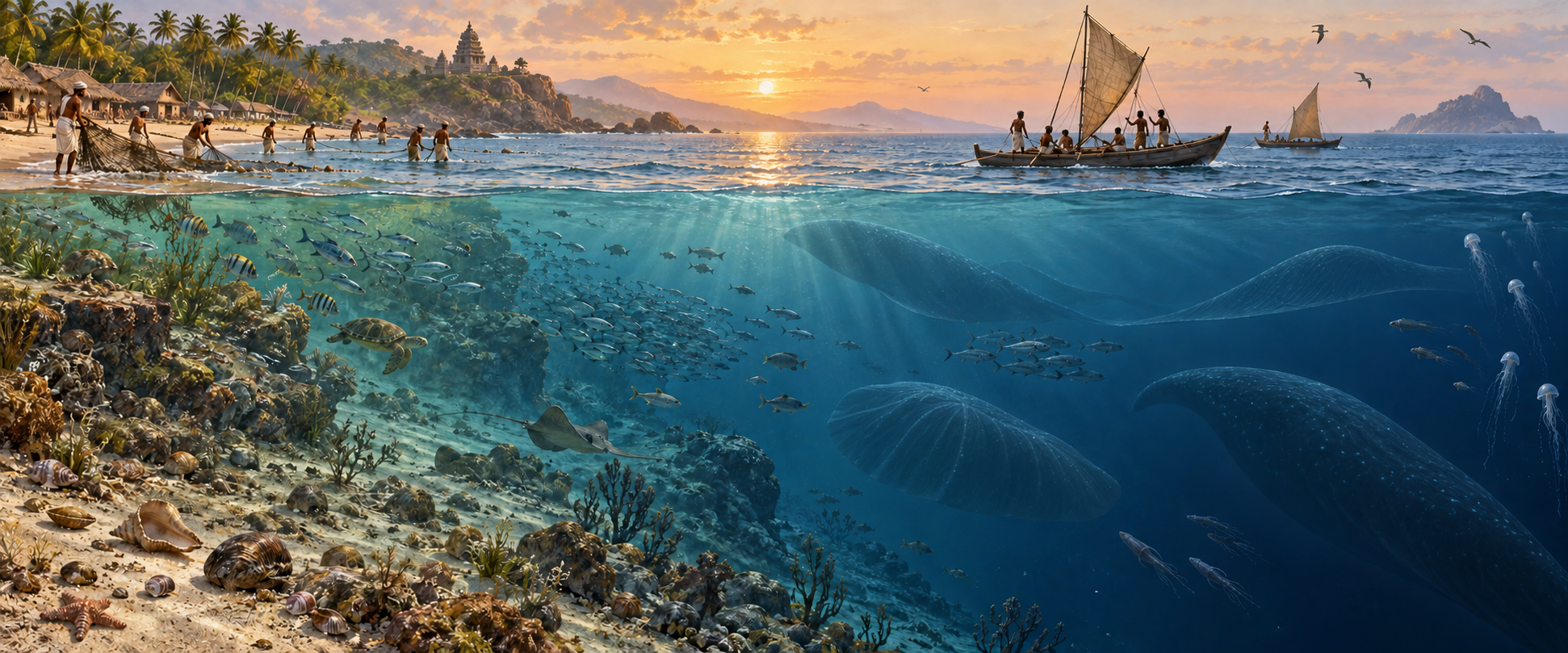 Cutaway view of an ancient South Asian coast with boats above fish, rays, turtles, and unidentified large sea animals.