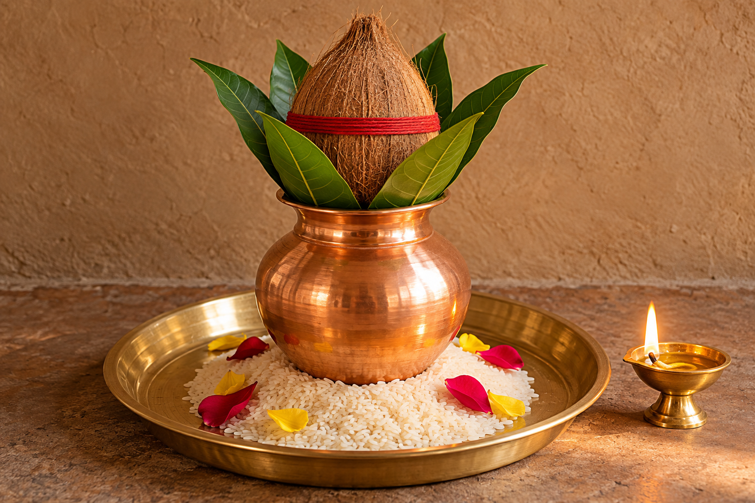 A copper sacred vessel rests on rice in a brass tray and is prepared with green leaves, a coconut, red thread, flower petals, and an oil lamp.