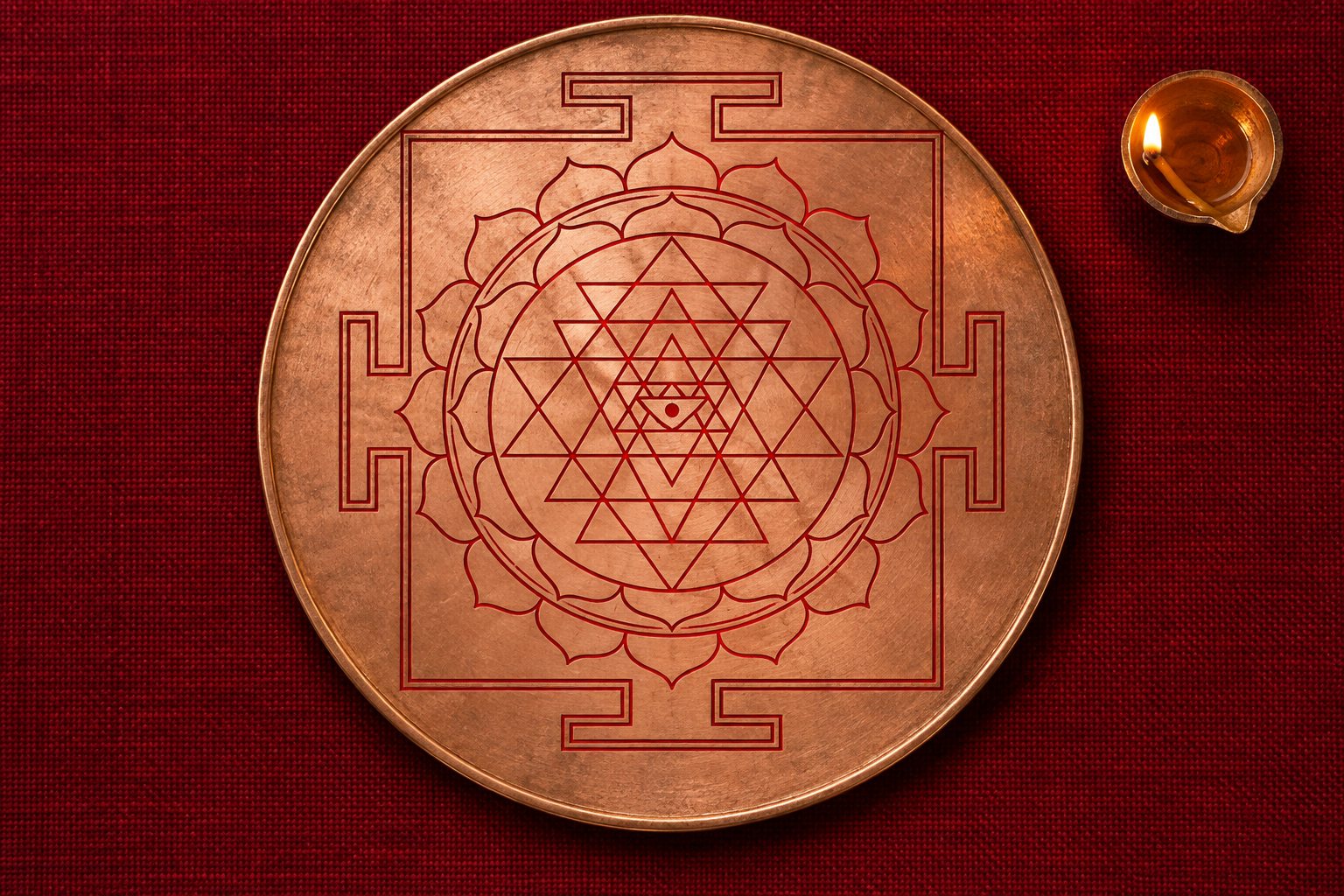 A symmetrical yantra of interlocking triangles, lotus-petal rings, and a square outer boundary is drawn in red on a copper plate beside a small oil lamp.