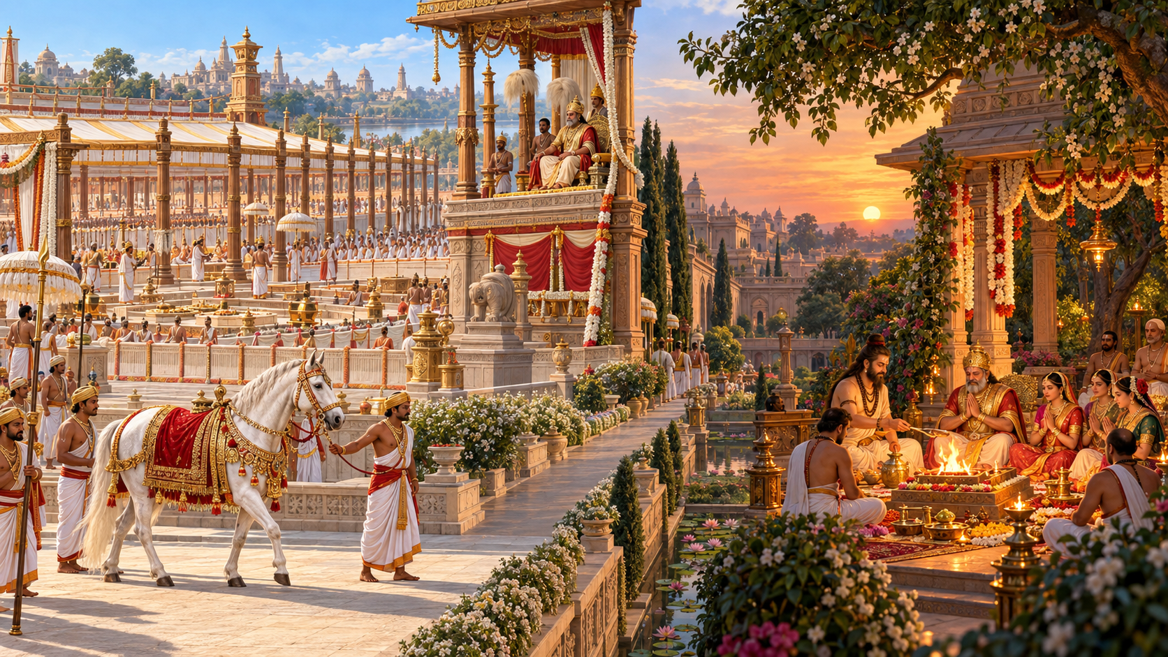 Two separate ritual settings show a decorated ceremonial horse at a royal enclosure and, later, Dasharatha and his queens attending a smaller fire yajna.