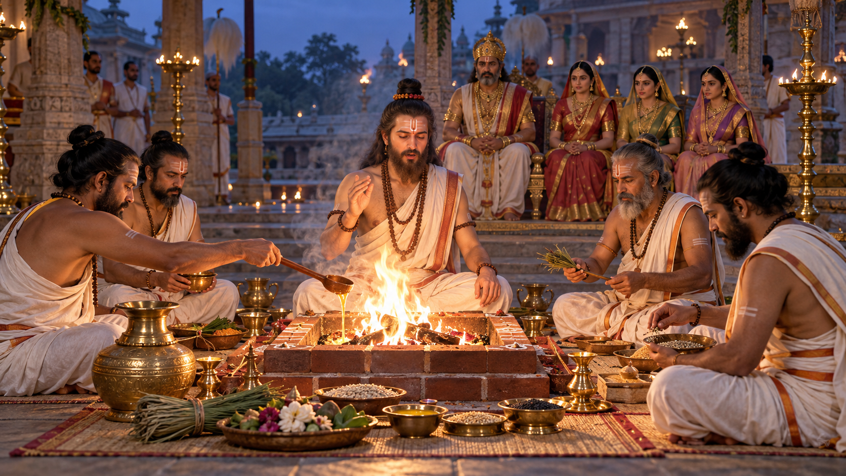 Sage Rishyasringa recites beside a fire altar while assisting priests prepare offerings and the royal family listens.