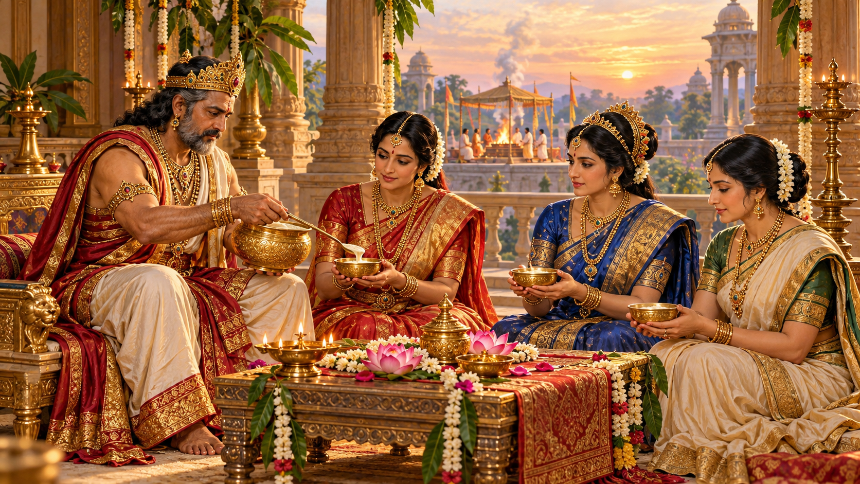 King Dasharatha distributes sacred payasa from a golden vessel to Queens Kausalya, Kaikeyi, and Sumitra after the yajna.