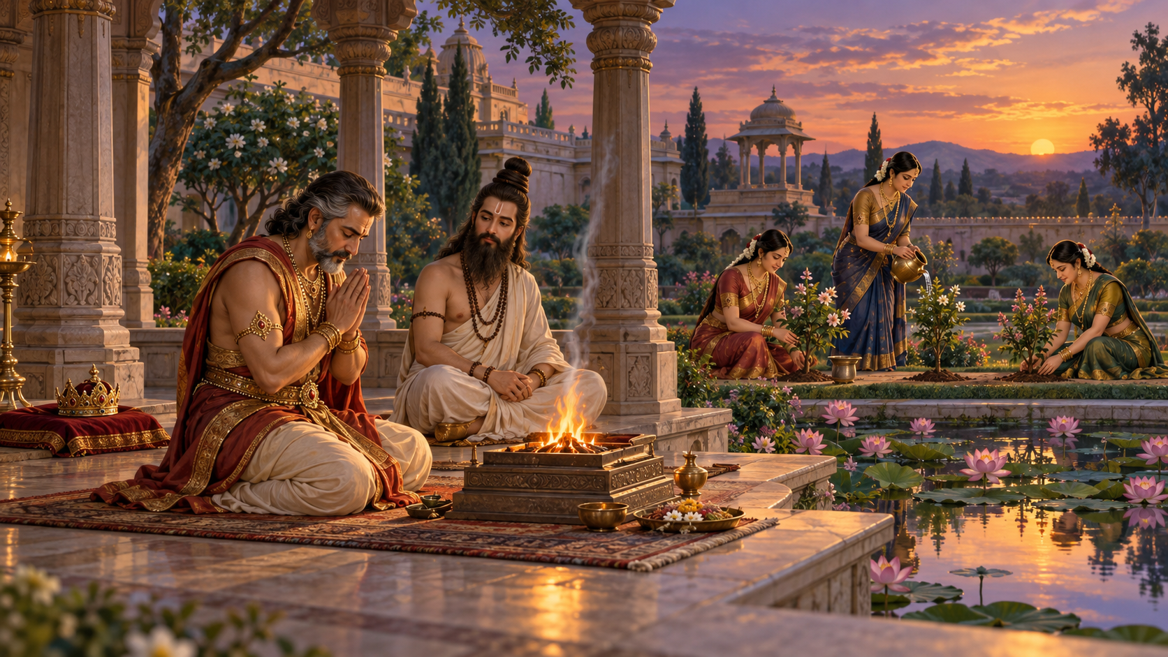 Dasharatha prays beside a small ritual fire while Rishyasringa watches and the three queens tend flowering saplings in a palace garden.