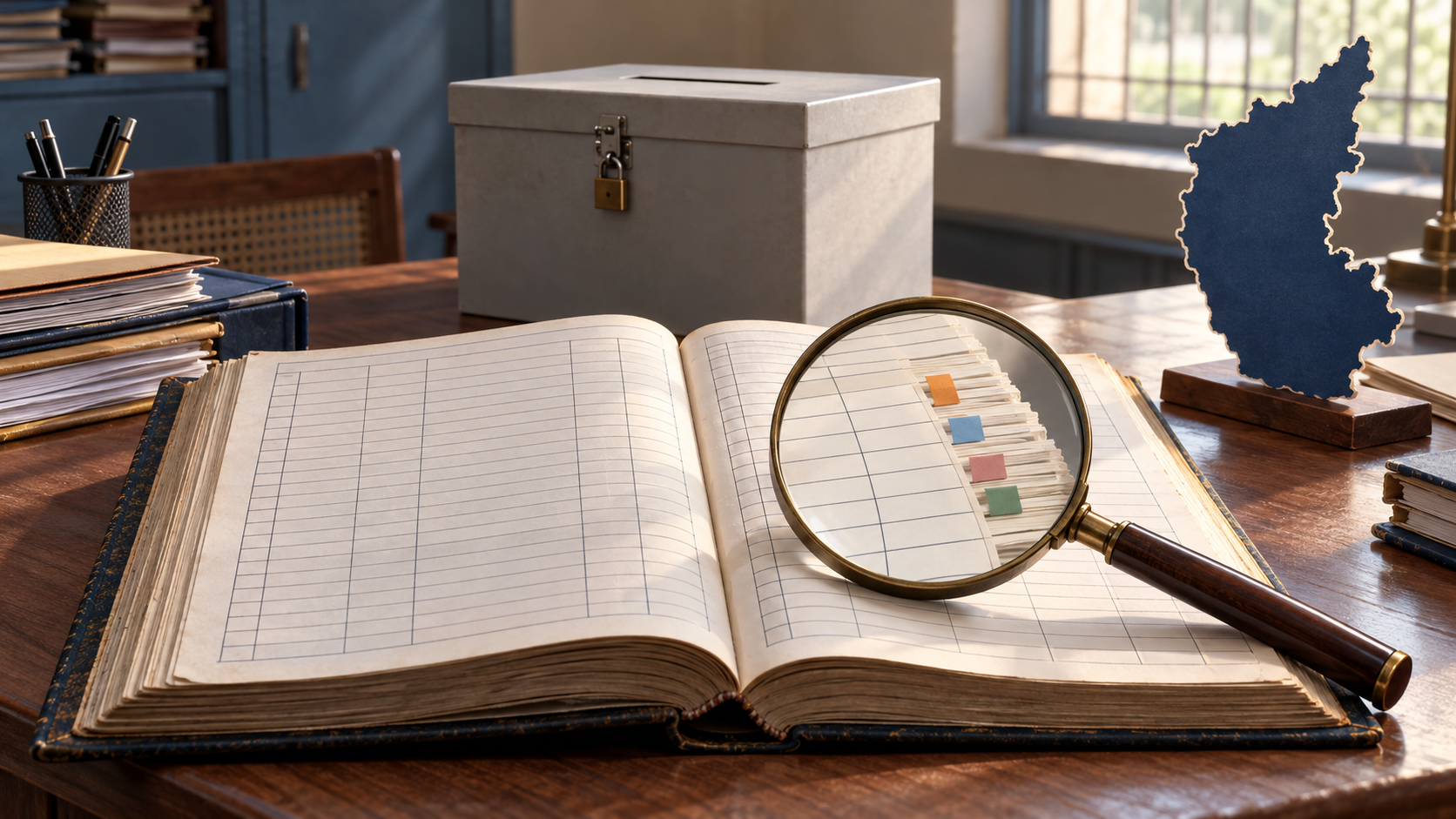 An open electoral registry, magnifying glass, sealed ballot box, and unlabeled silhouette of Karnataka arranged on an office desk.
