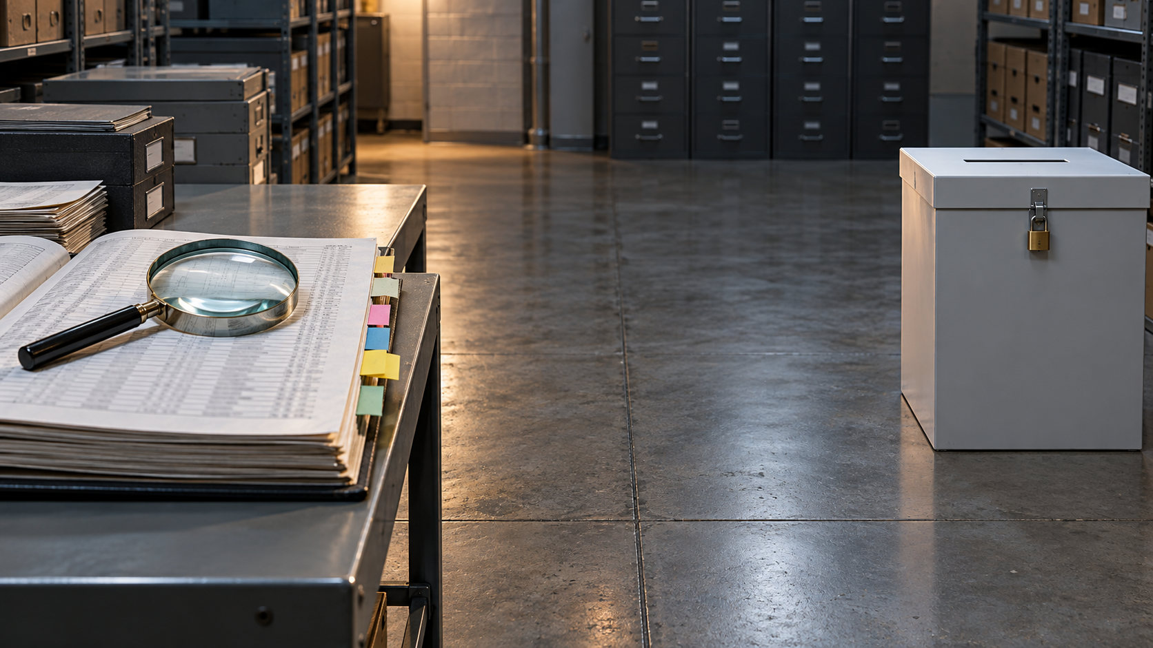 Registry pages under a magnifying glass sit apart from a sealed ballot box in a quiet records room.