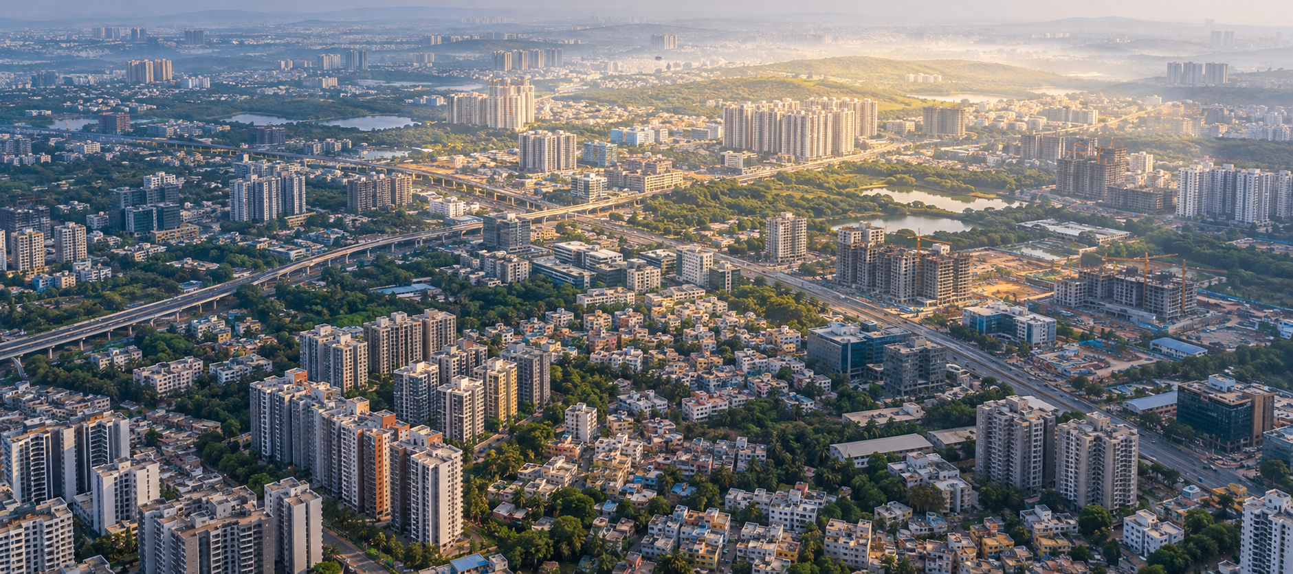 A bird's-eye view of Bengaluru's mixed urban landscape with a circular area of light highlighting the northern districts.
