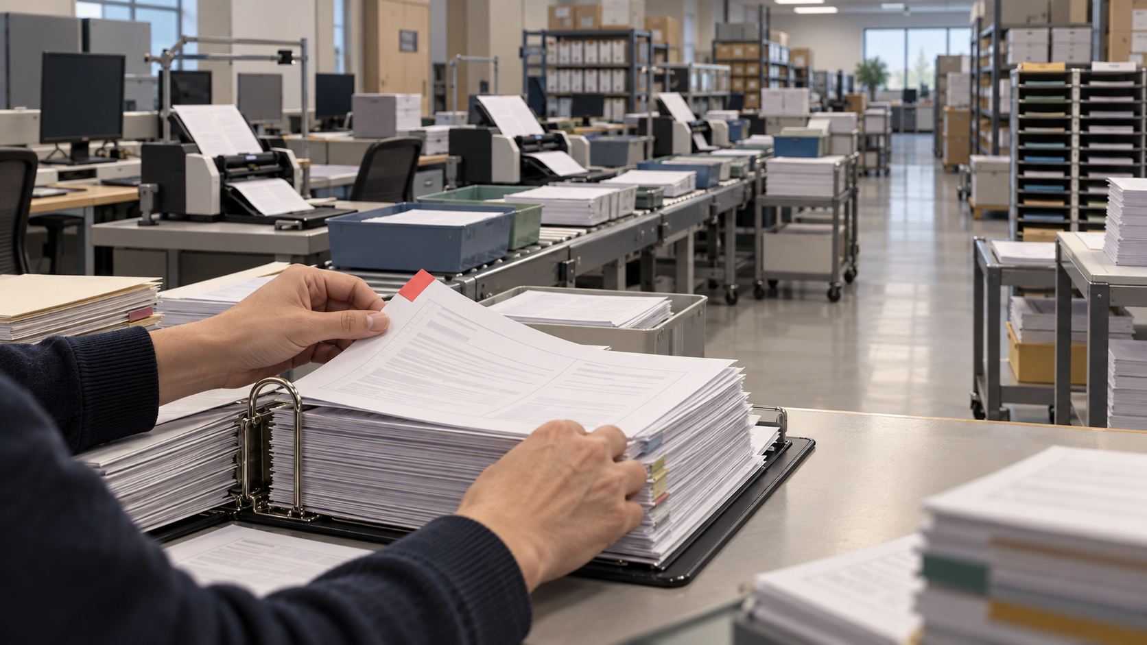 Hands remove one flagged sheet from a voter registry while a longer document-processing system extends through the office behind it.