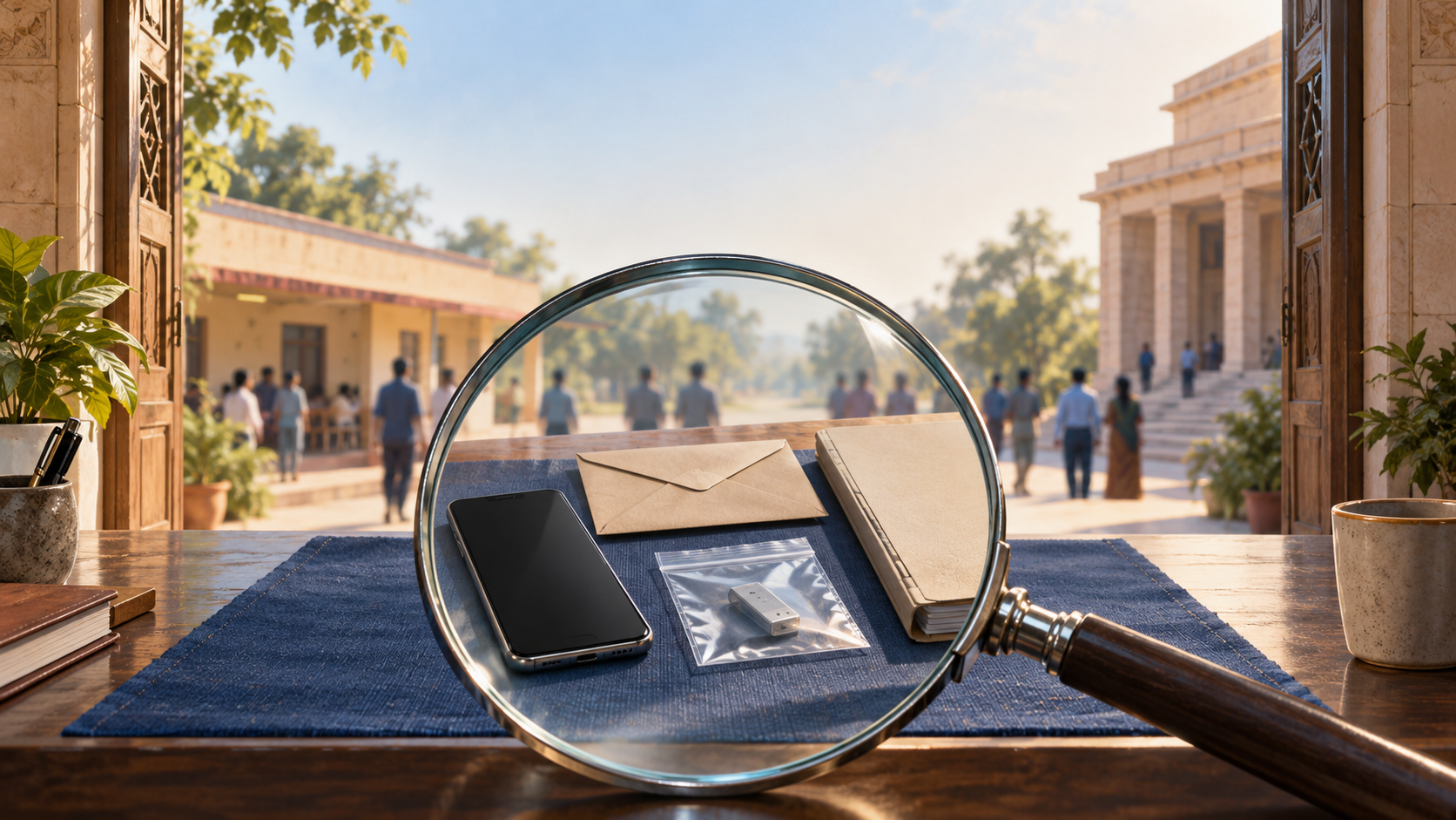 A magnifying glass focuses on a phone, sealed envelope, evidence pouch and legal file on a table between a community hall and a civic building.