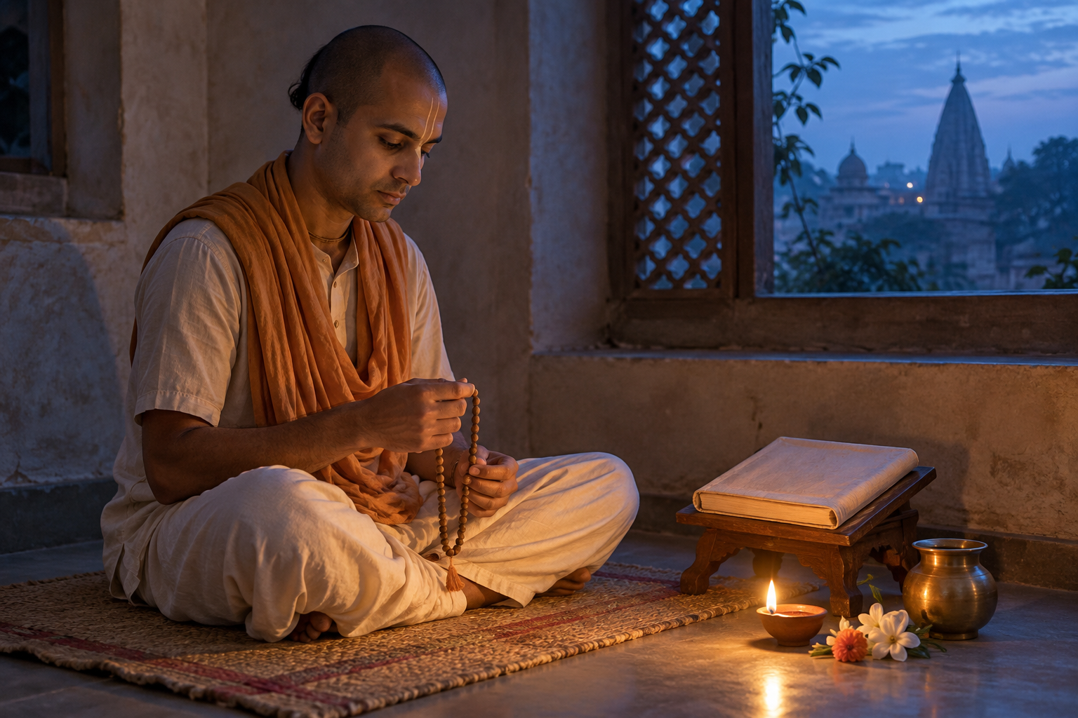 A pilgrim sits on a woven mat with prayer beads beside a clay lamp, flowers, a water vessel, and a covered scripture before sunrise.