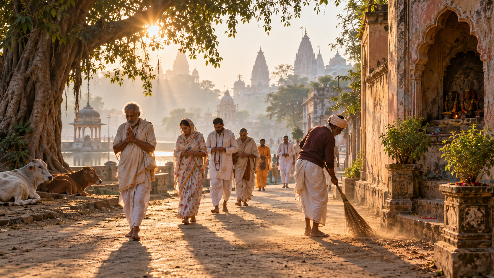 Barefoot pilgrims walk quietly on a tree-lined Vrindavan parikrama path as a devotee sweeps near old temple walls at dawn.