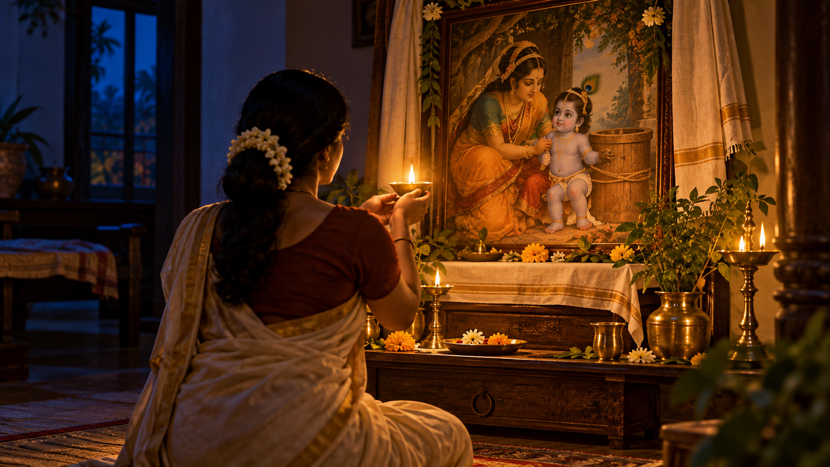 A devotee offers a small ghee lamp at a simple home altar depicting child Krishna as Damodara with mother Yashoda.