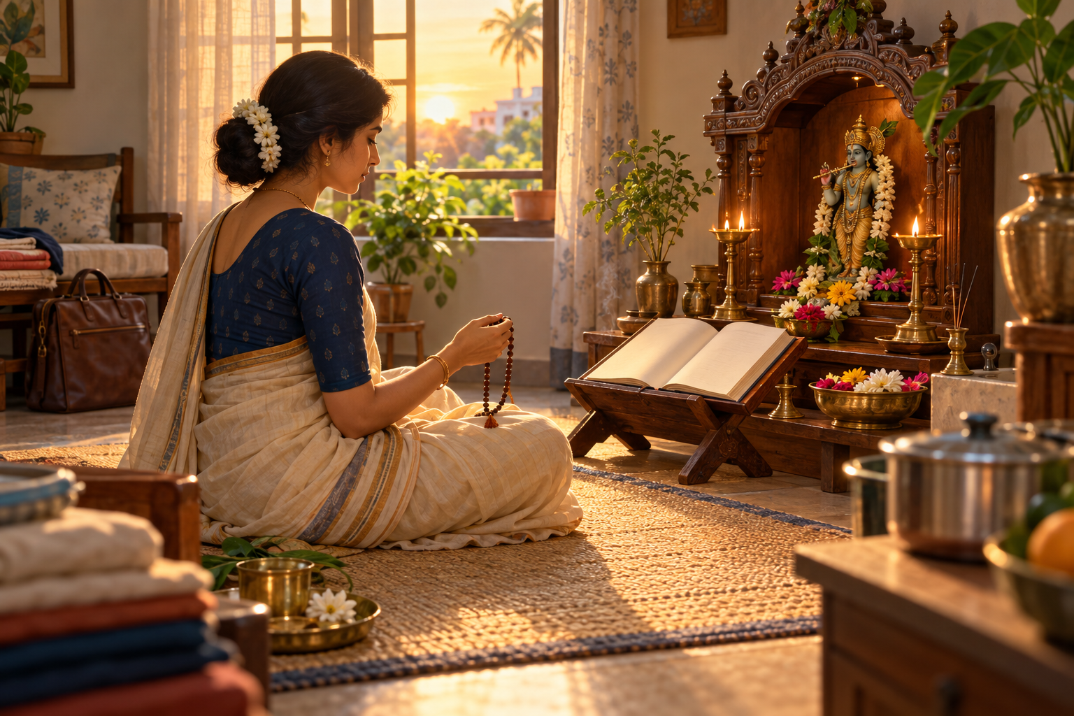 A householder chants with prayer beads beside an open scripture, oil lamp, flowers, and a small home altar at sunrise.