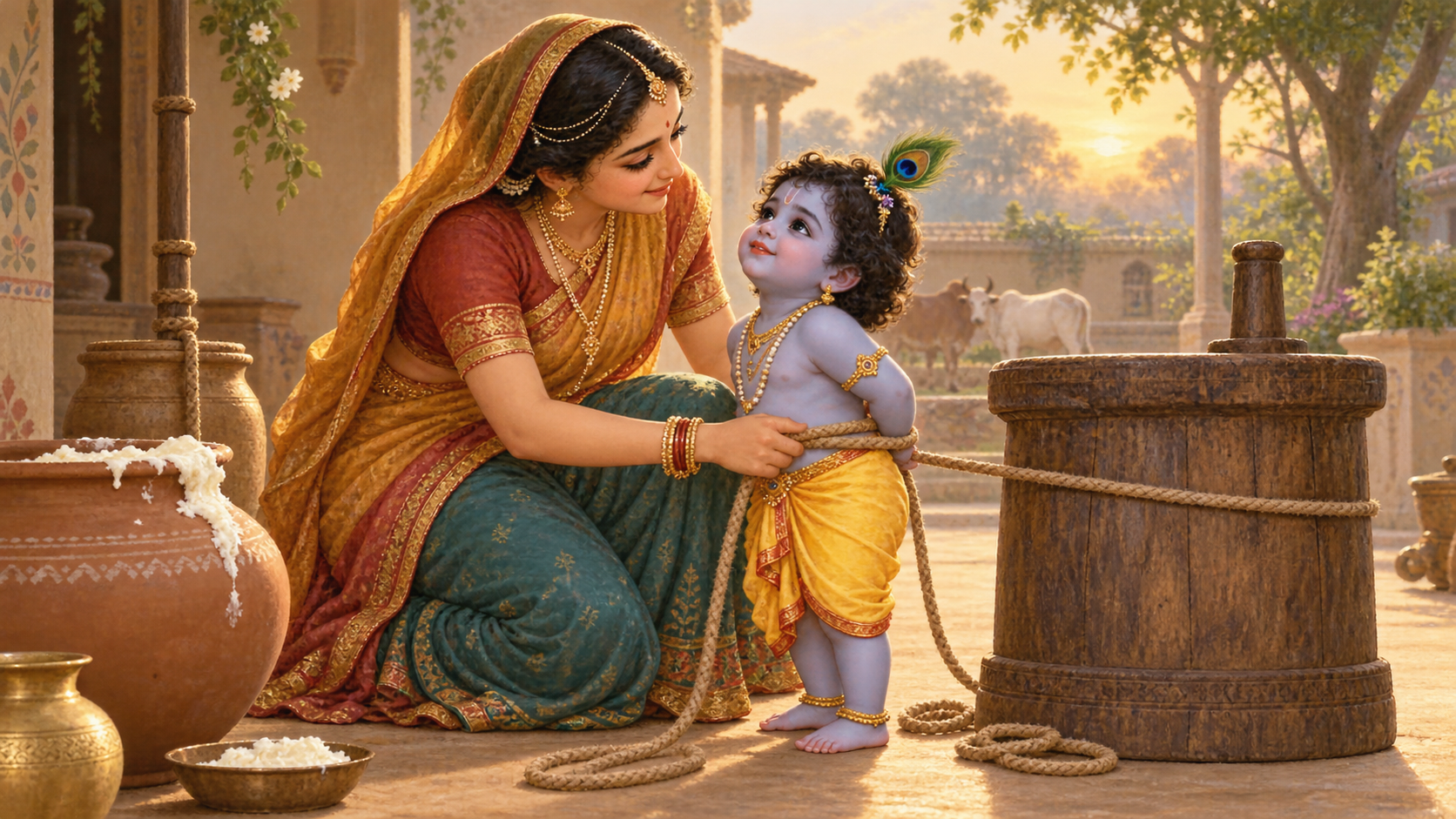 Mother Yashoda gently holds a rope beside child Krishna and a wooden grinding mortar in a pastoral courtyard.