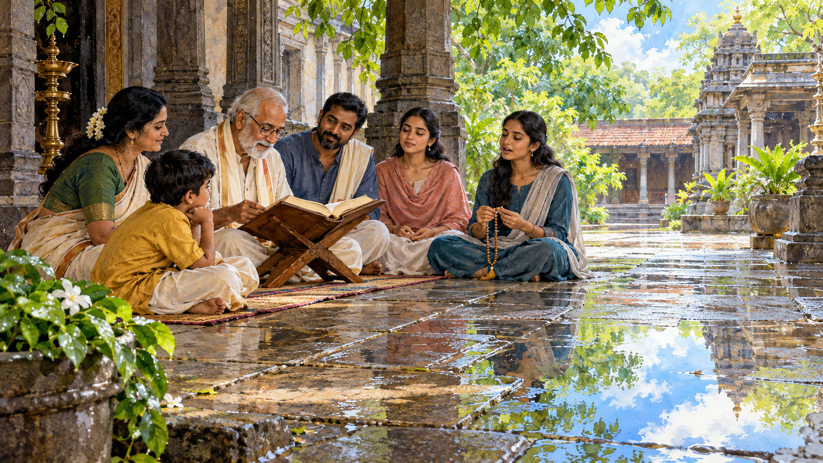 A small group listens to a scripture reading in a temple courtyard while rainwater clears dust from the stone foreground.