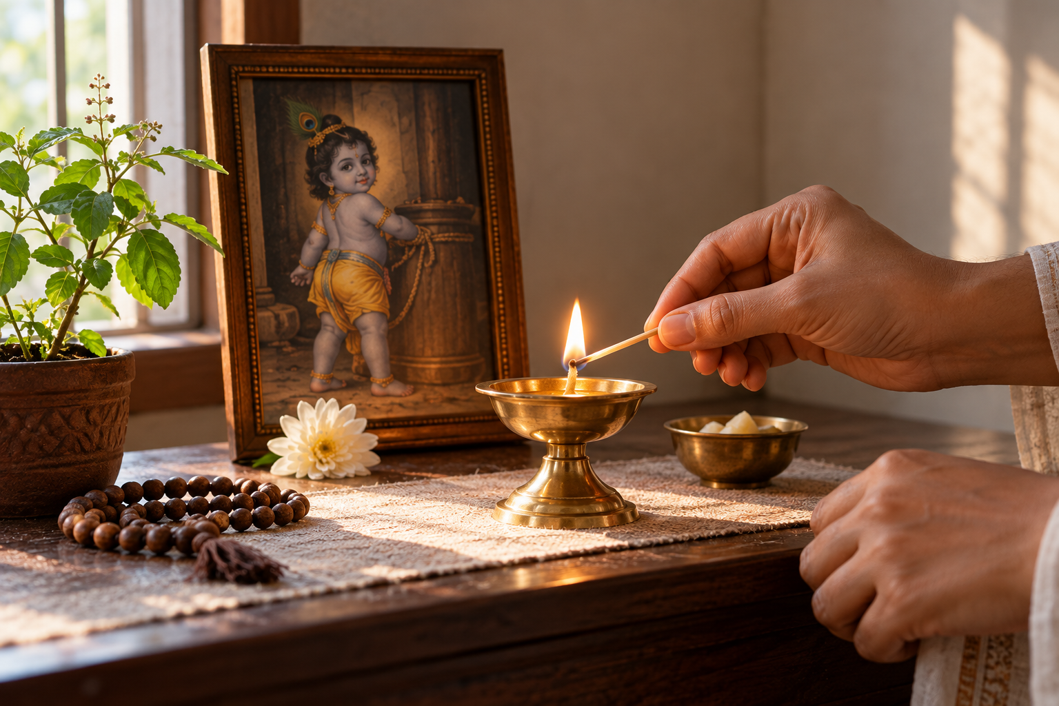 Hands light a single-wick brass lamp at a simple home altar beside prayer beads and a tulasi plant.