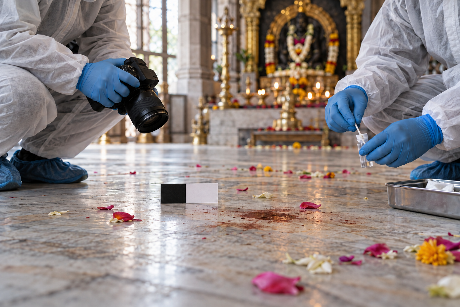 Gloved investigators photograph and collect a sample from a dark reddish-brown stain on a temple floor.