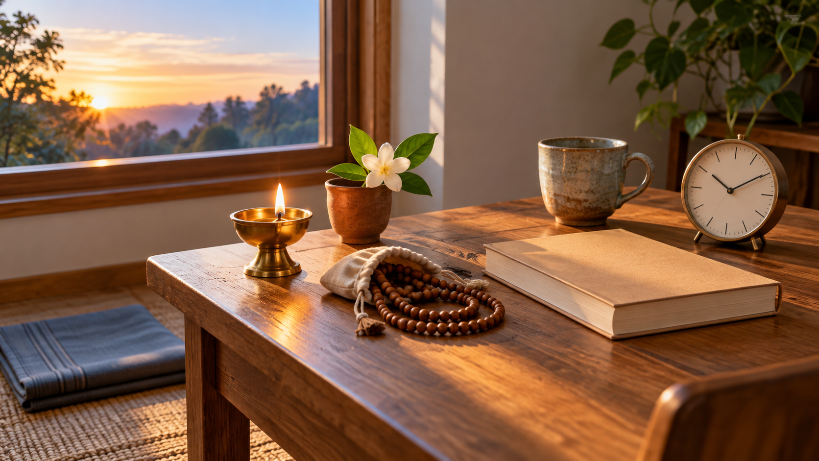 A lamp, flower, prayer beads, plain sacred book, cup, clock, and folded mat are arranged for a simple morning practice.